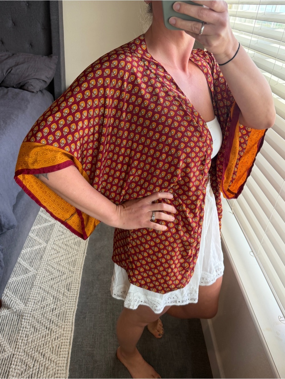100% Silk Boho Printed Open Kimono Jacket - Red & Mustard - Picture 2 of 5